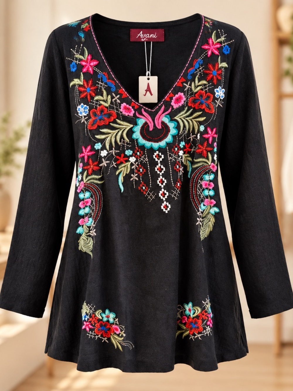 Plus Avanti Black Long-Sleeve V-Neck Tunic Multicolor Floral Embroidery NWT 3X